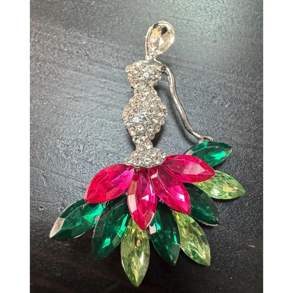 Vintage Art Deco Figure Woman Slender Crystals Rhinestone Brooch Pin B93
